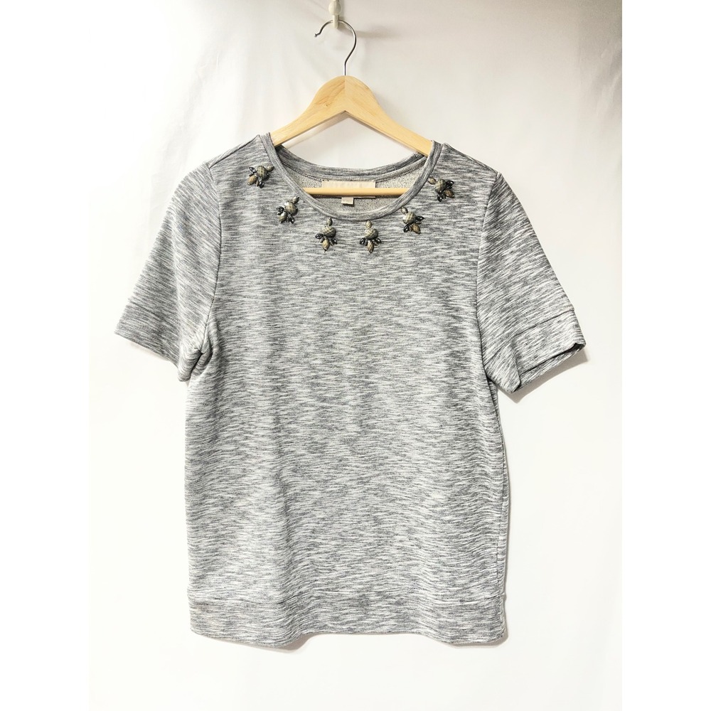 Loft Gray Space Dye Beaded Embellished Short Sleeve Sweatshirt Top Womens Small